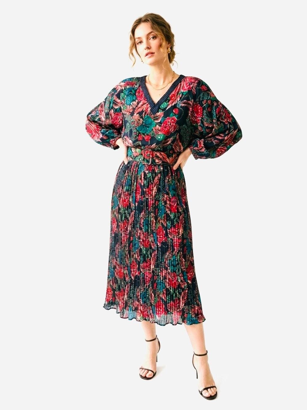 Vintage 80s Diane Freis Style Pleated Floral Jewel Midi Dress SzM Maximalist